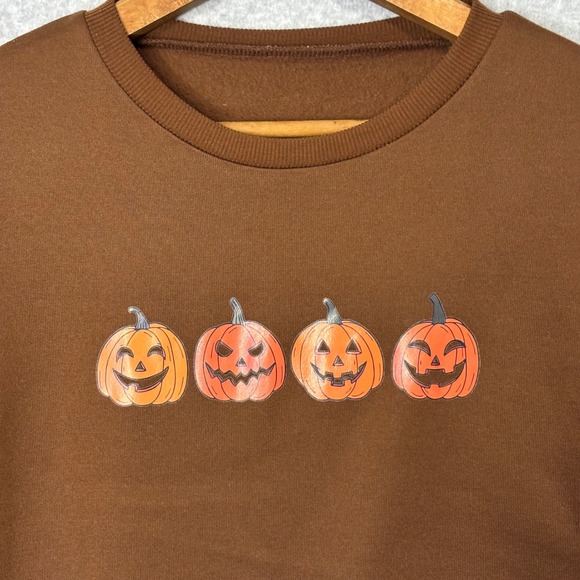 Shein Women's Medium Halloween Pumpkin Sweatshirt Brown Crew Neck Jack o Lantern - Picture 2 of 8